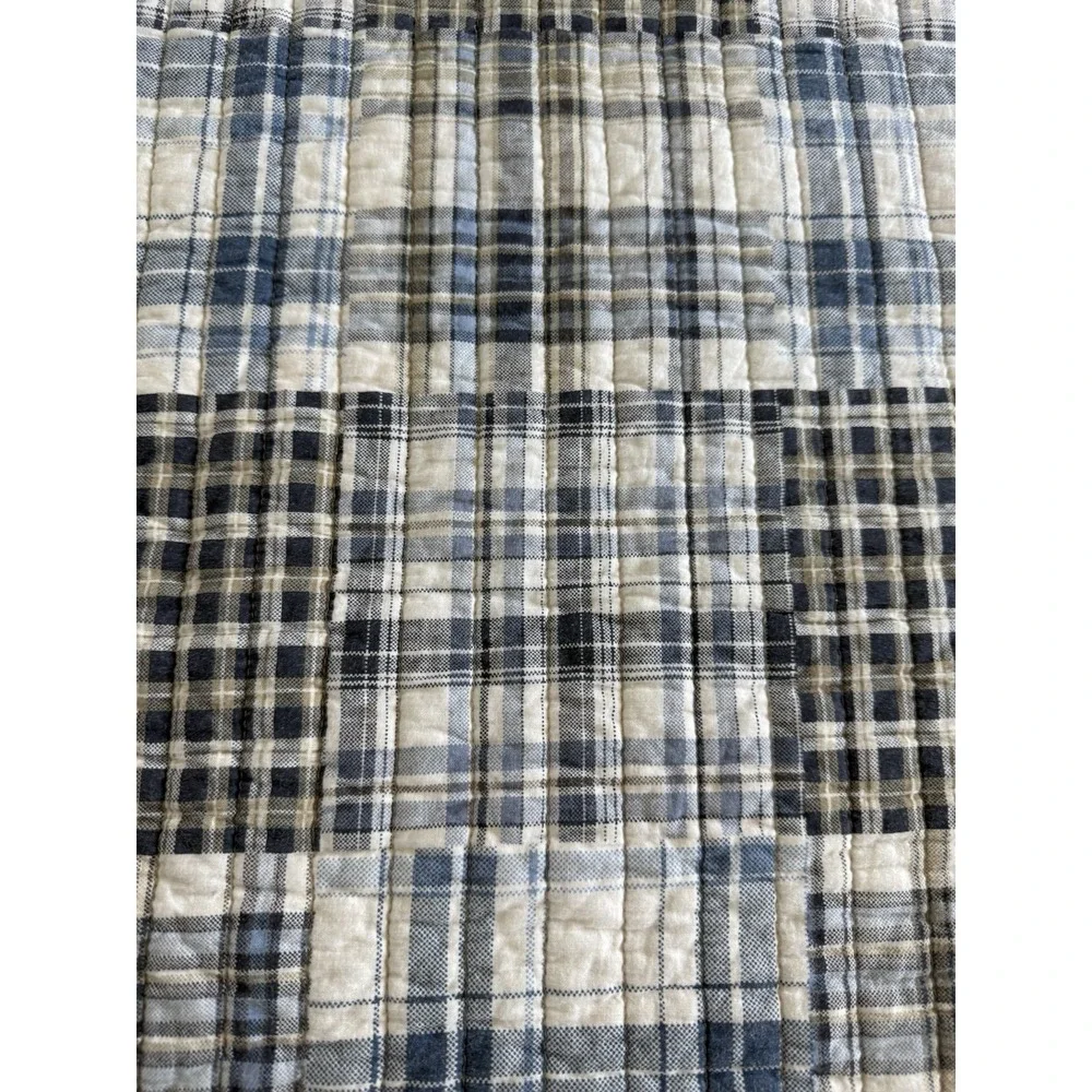 Eddie Bauer Plaid Quilt Blue Gray Cream Twin Throw Vtg 90s Rustic Cabin Cottage